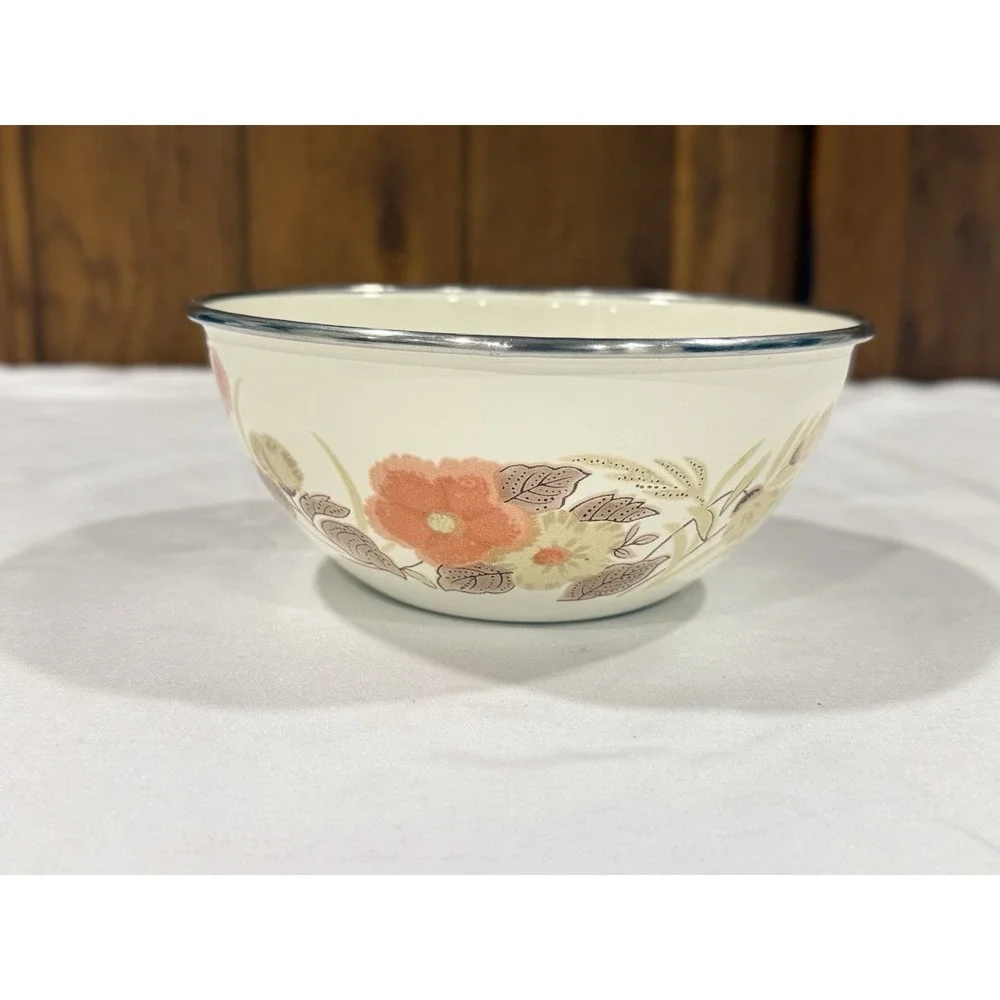 Vintage Enamelware Nesting Mixing Bowls Set 3 Orange Floral 70s Farmhouse